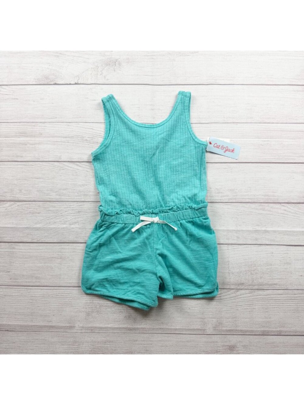 Cat & Jack Girls Teal Ribbed Tank Romper Elastic Waist Pockets NWT S 6-7